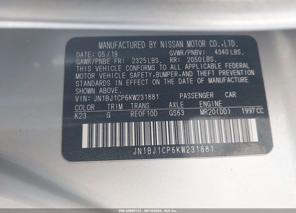 2019 NISSAN ROGUE SPORT VIN: JN1BJ1CP6KW231881