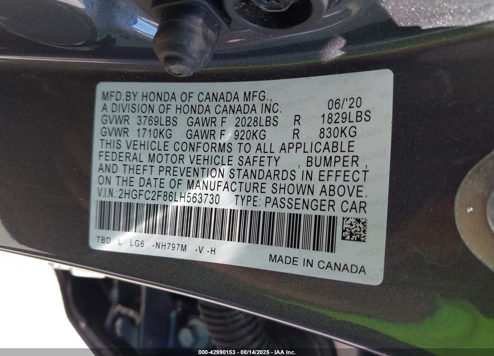 2020 HONDA CIVIC SPORT VIN: 2HGFC2F86LH563730