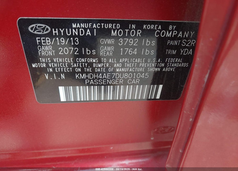 2013 HYUNDAI ELANTRA VIN: KMHDH4AE7DU801045