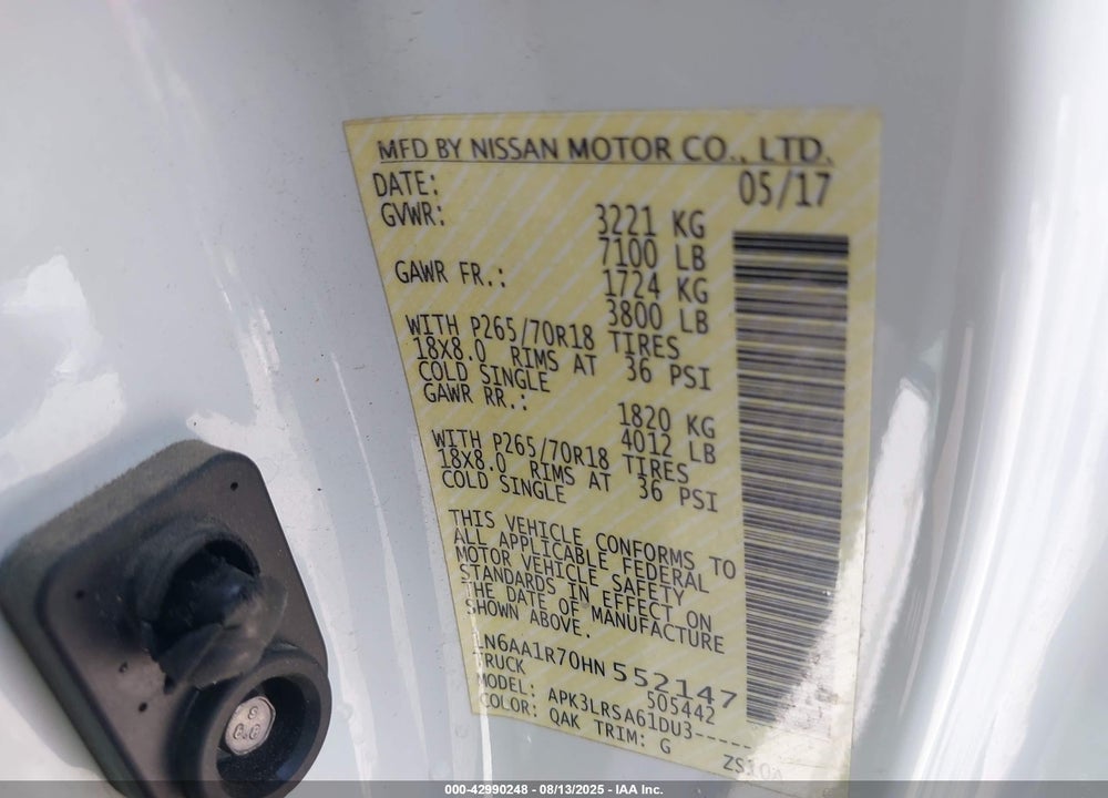 2017 NISSAN TITAN VIN: 1N6AA1R70HN552147