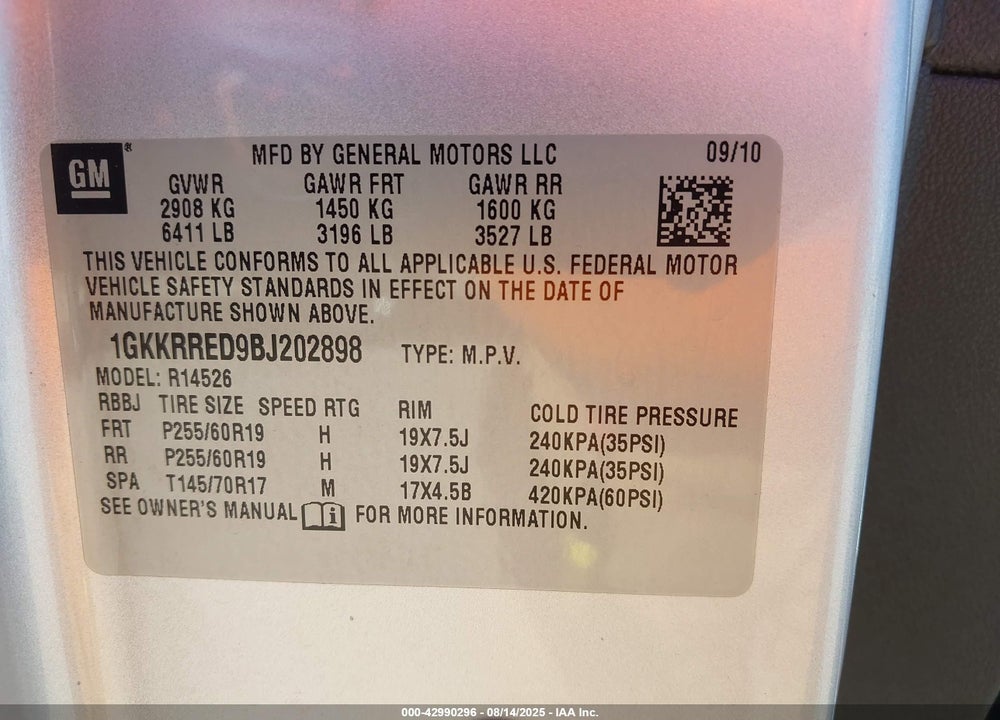 2011 GMC ACADIA VIN: 1GKKRRED9BJ202898