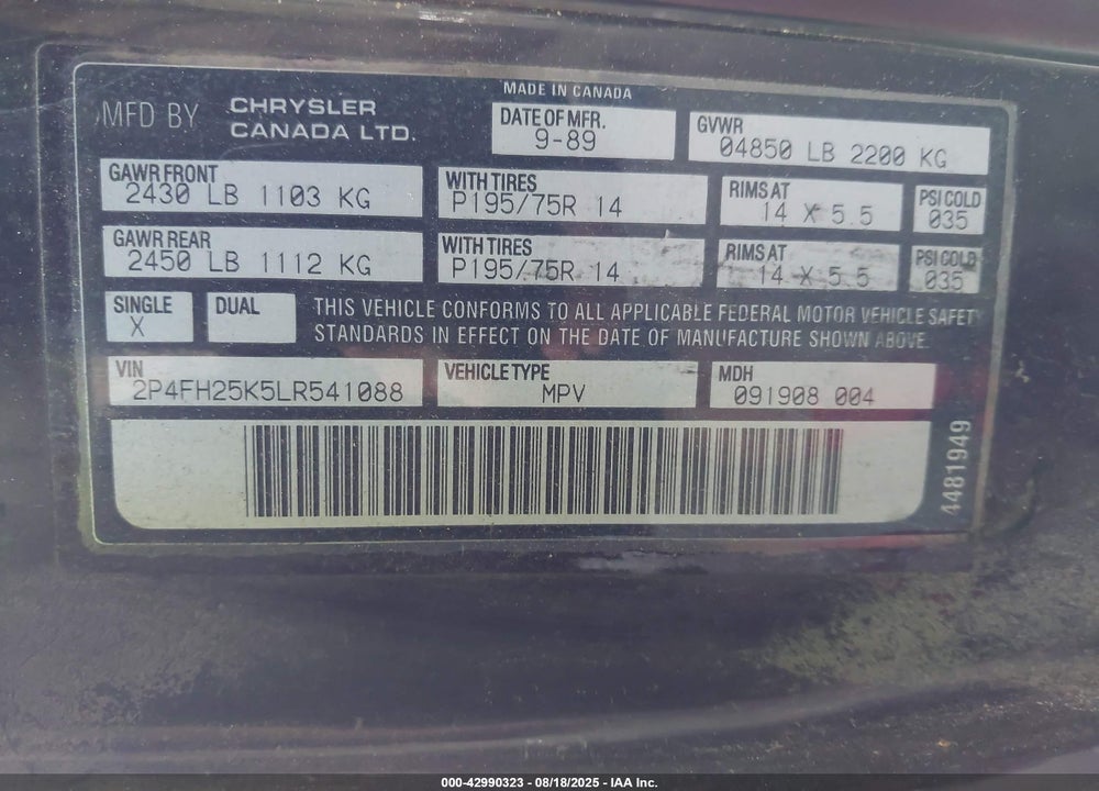1990 PLYMOUTH VOYAGER VIN: 2P4FH25K5LR541088