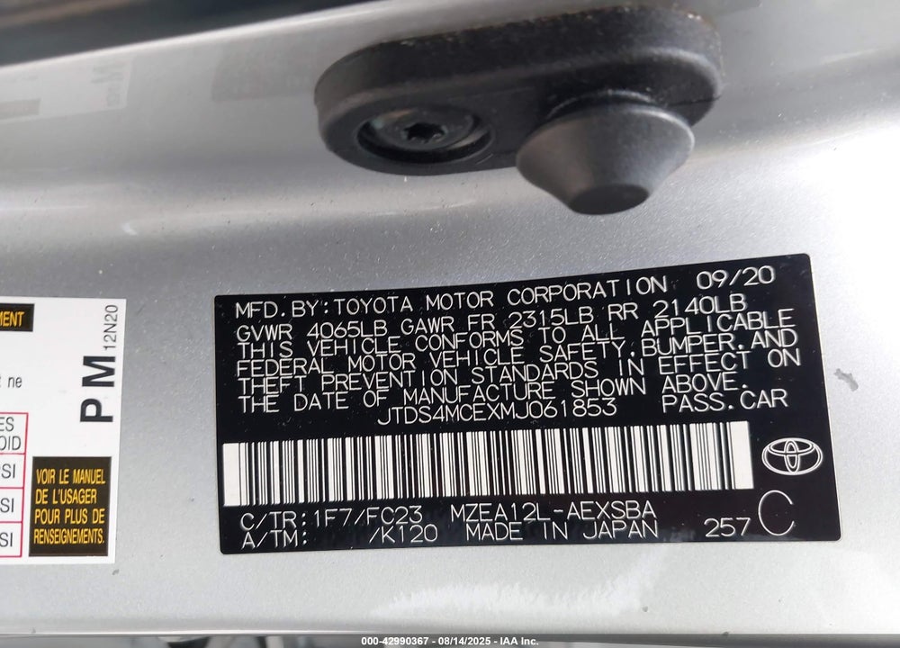 2021 TOYOTA COROLLA VIN: JTDS4MCEXMJ061853