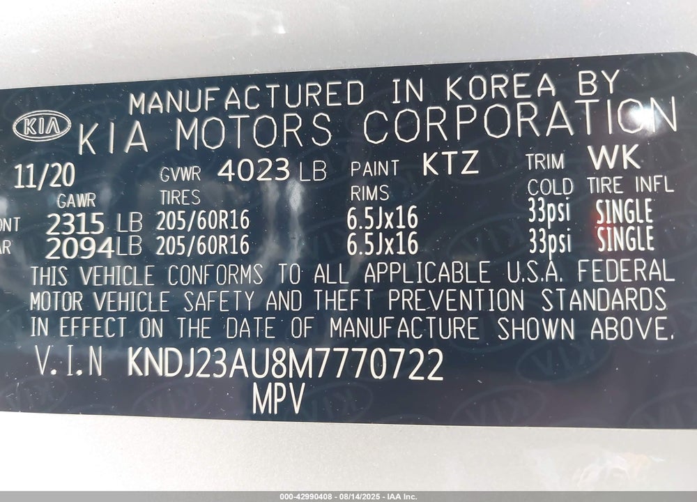 2021 KIA SOUL VIN: KNDJ23AU8M7770722