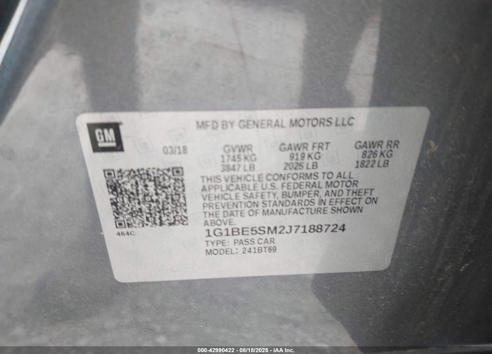 2018 CHEVROLET CRUZE VIN: 1G1BE5SM2J7188724