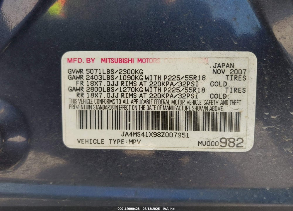 2008 MITSUBISHI OUTLANDER VIN: JA4MS41X98Z007951