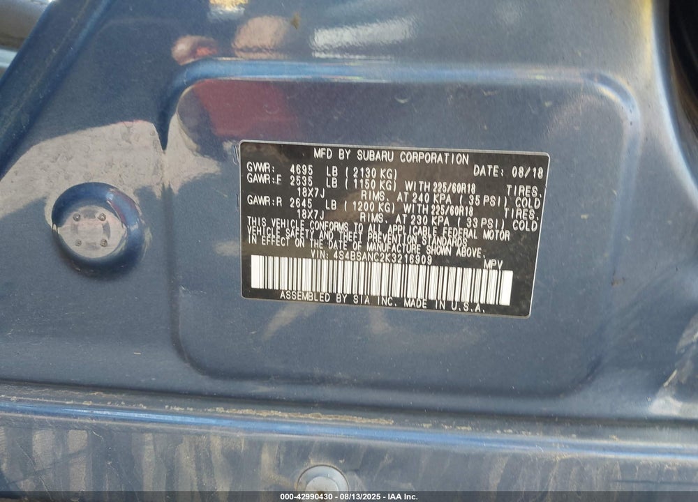 2019 SUBARU OUTBACK VIN: 4S4BSANC2K3216909