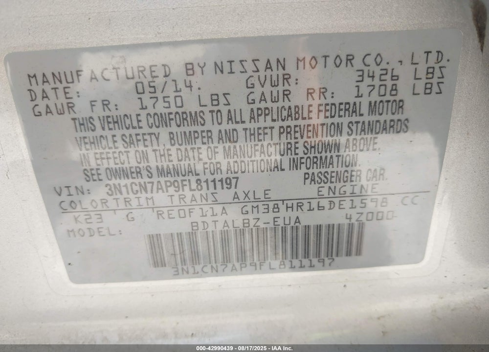 2015 NISSAN VERSA VIN: 3N1CN7AP9FL811197