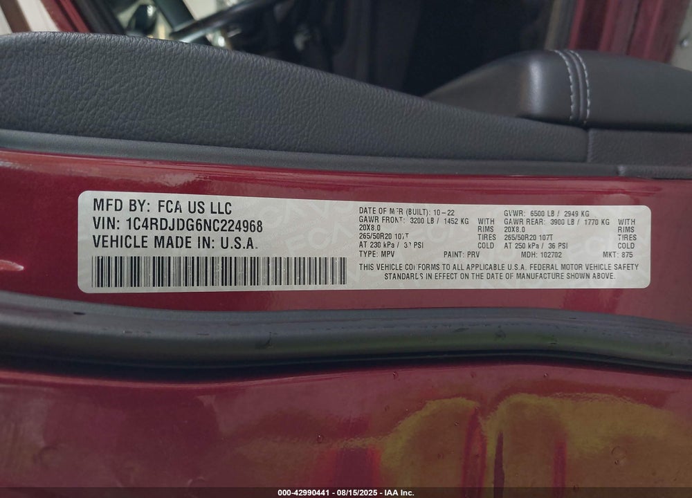 2022 DODGE DURANGO GT PLUS AWD VIN: 1C4RDJDG6NC224968