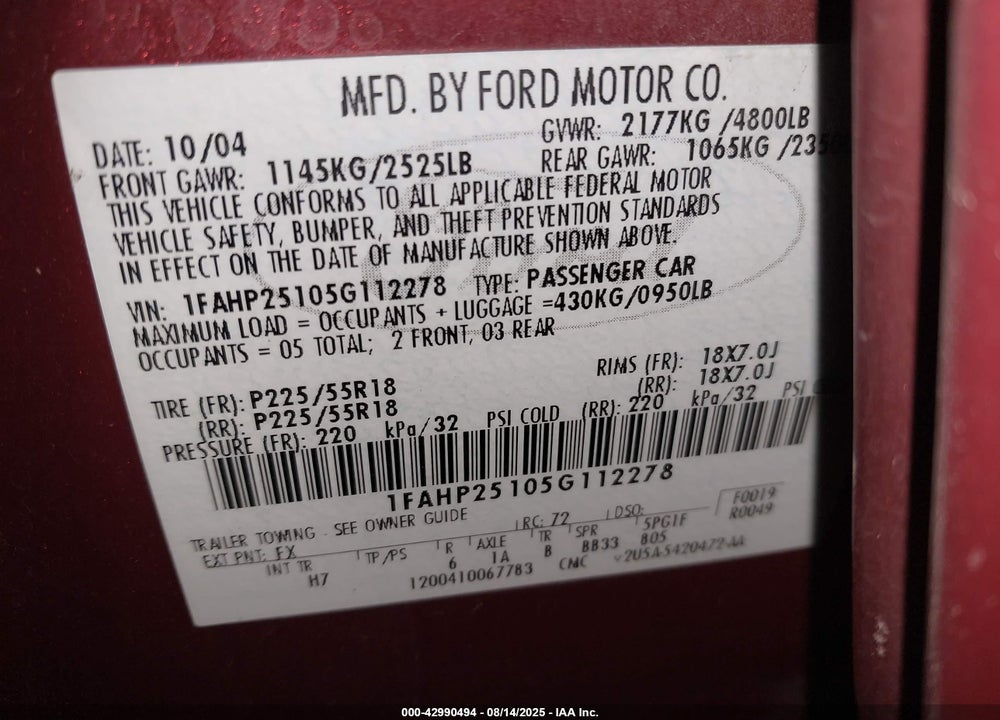 2005 FORD FIVE HUNDRED LIMITED VIN: 1FAHP25105G112278
