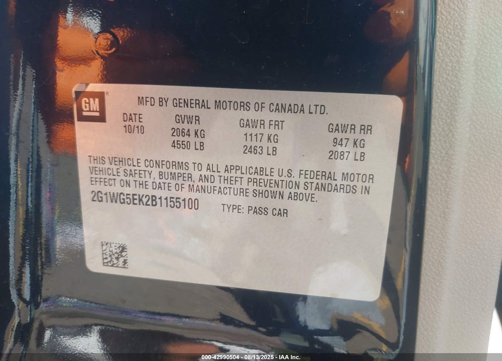 2011 CHEVROLET IMPALA VIN: 2G1WG5EK2B1155100