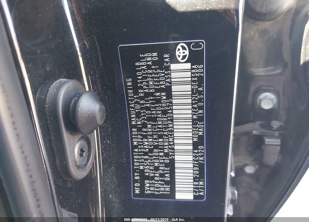 2022 TOYOTA COROLLA VIN: 5YFS4MCE9NP104575
