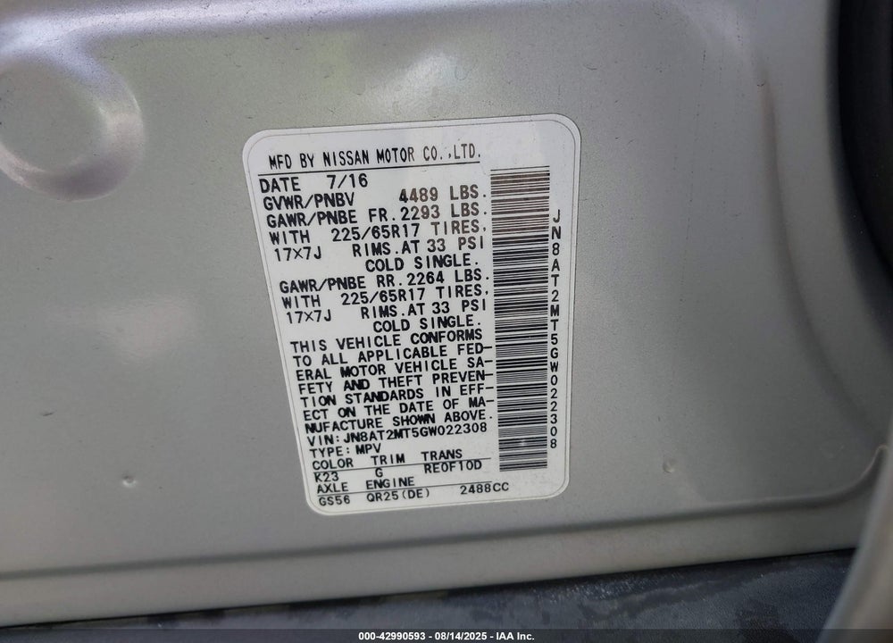 2016 NISSAN ROGUE VIN: JN8AT2MT5GW022308