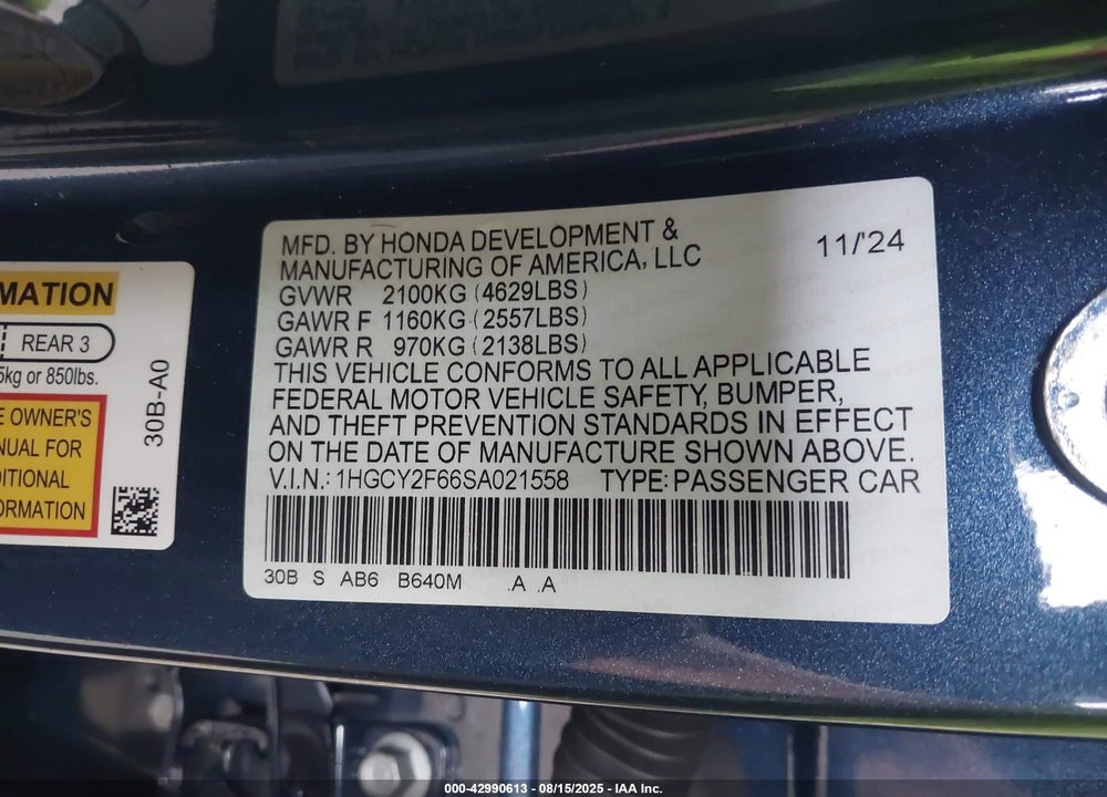 2025 HONDA ACCORD VIN: 1HGCY2F66SA021558