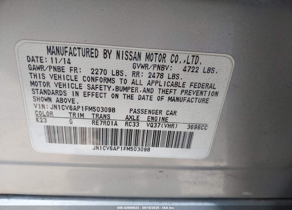 2015 INFINITI Q40 VIN: JN1CV6AP1FM503098