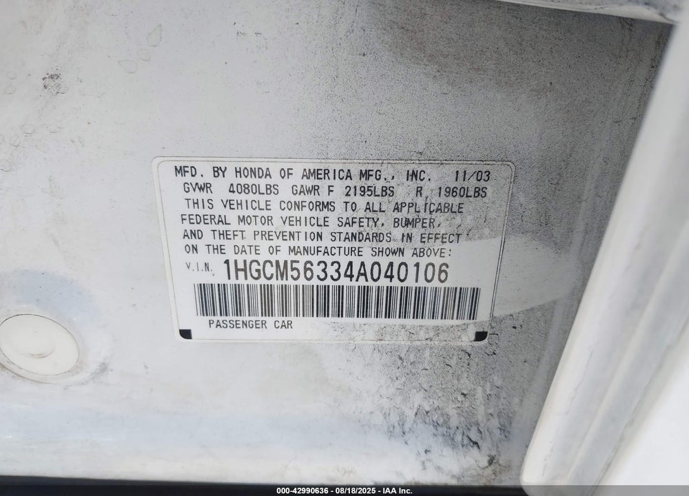 2004 HONDA ACCORD 2.4 LX VIN: 1HGCM56334A040106