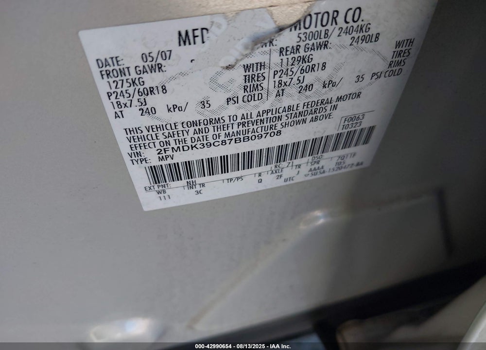 2007 FORD EDGE VIN: 2FMDK39C87BB09708