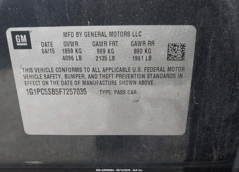 2015 CHEVROLET CRUZE VIN: 1G1PC5SB5F7257035