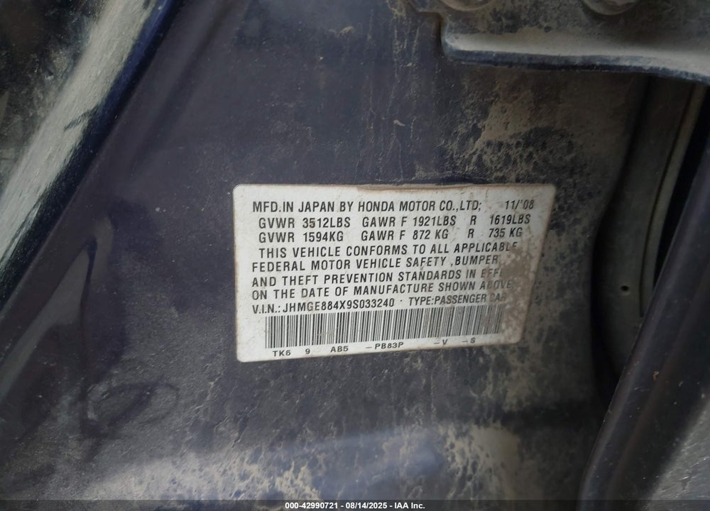 2009 HONDA FIT VIN: JHMGE884X9S033240