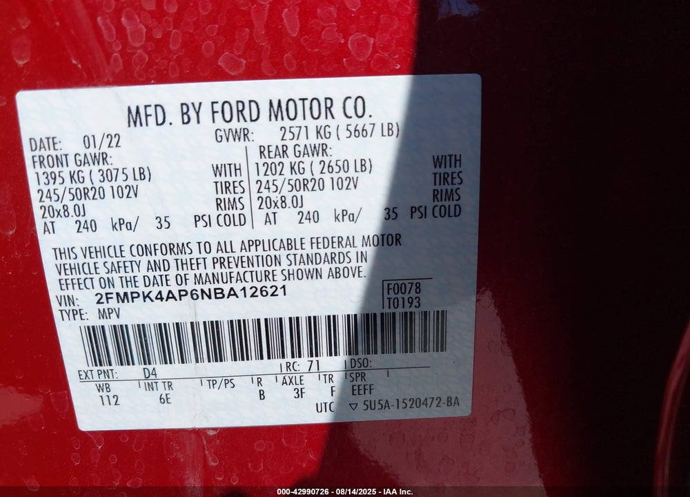 2022 FORD EDGE ST VIN: 2FMPK4AP6NBA12621