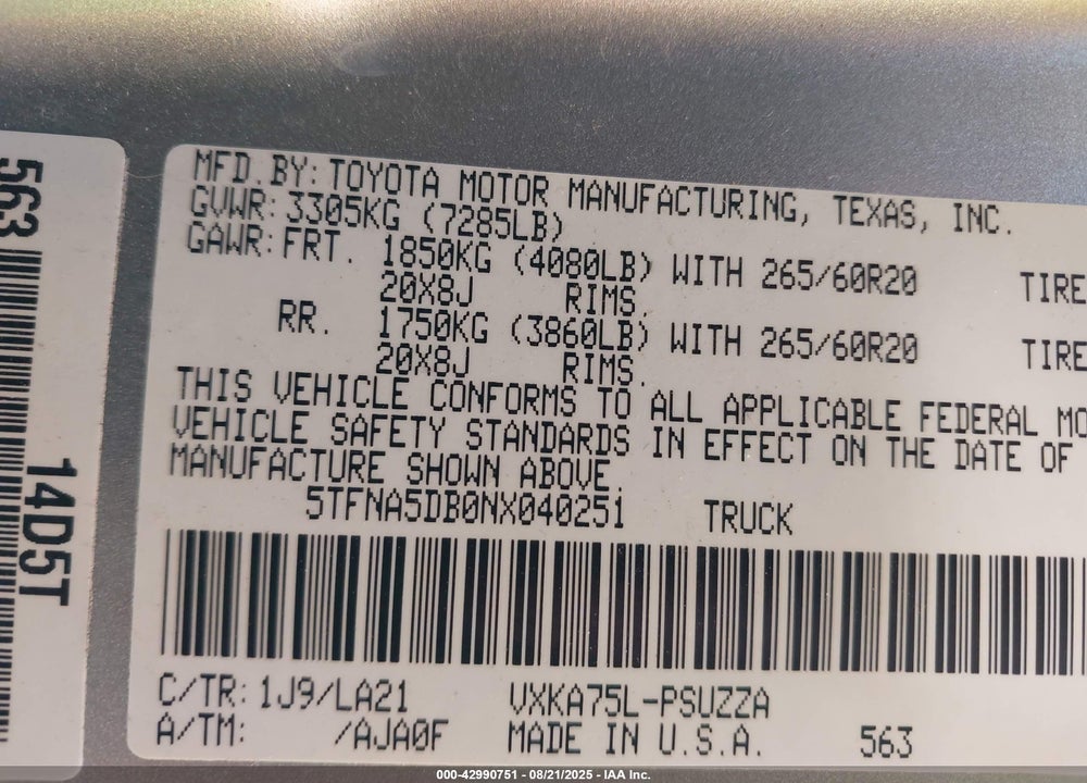2022 TOYOTA TUNDRA PLATINUM VIN: 5TFNA5DB0NX040251