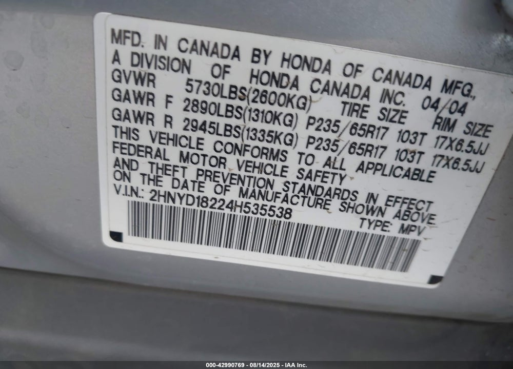 2004 ACURA MDX VIN: 2HNYD18224H535538