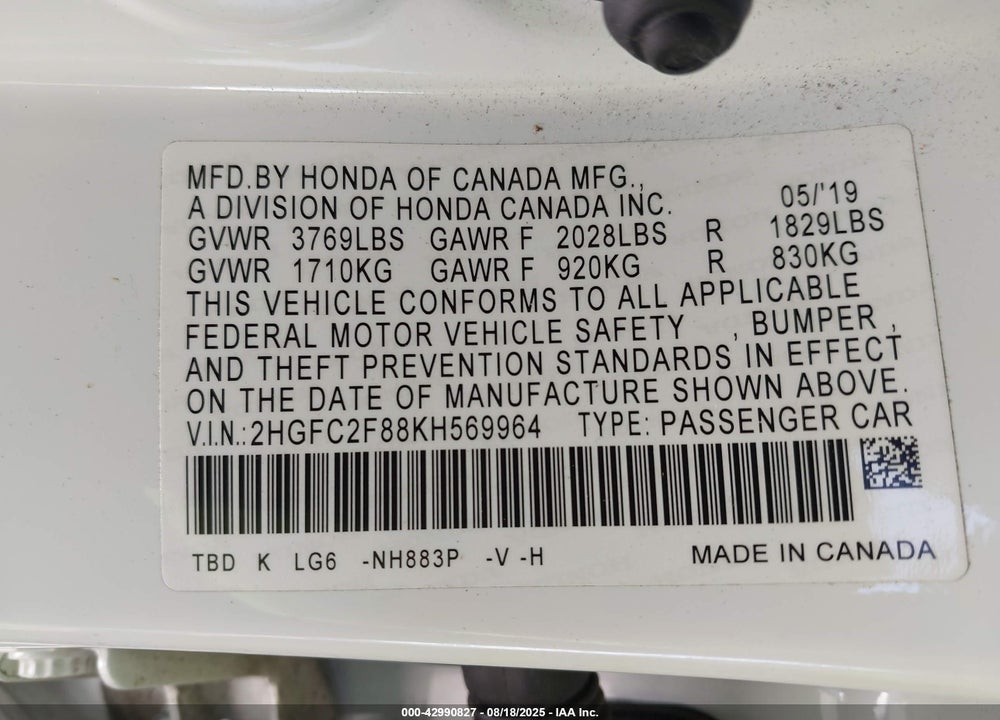 2019 HONDA CIVIC VIN: 2HGFC2F88KH569964