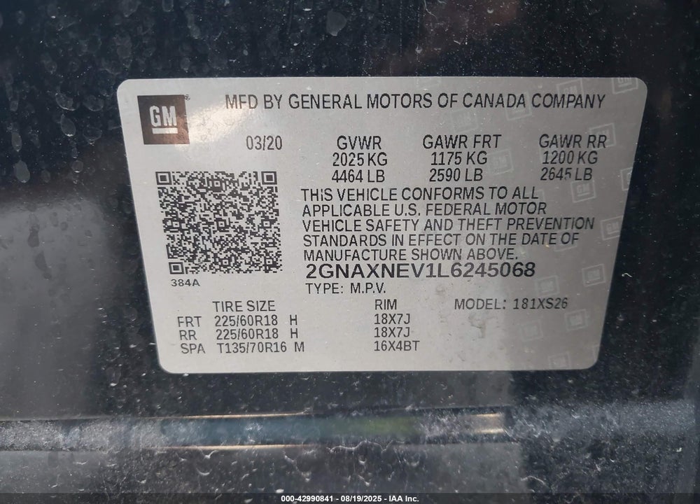 2020 CHEVROLET EQUINOX VIN: 2GNAXNEV1L6245068
