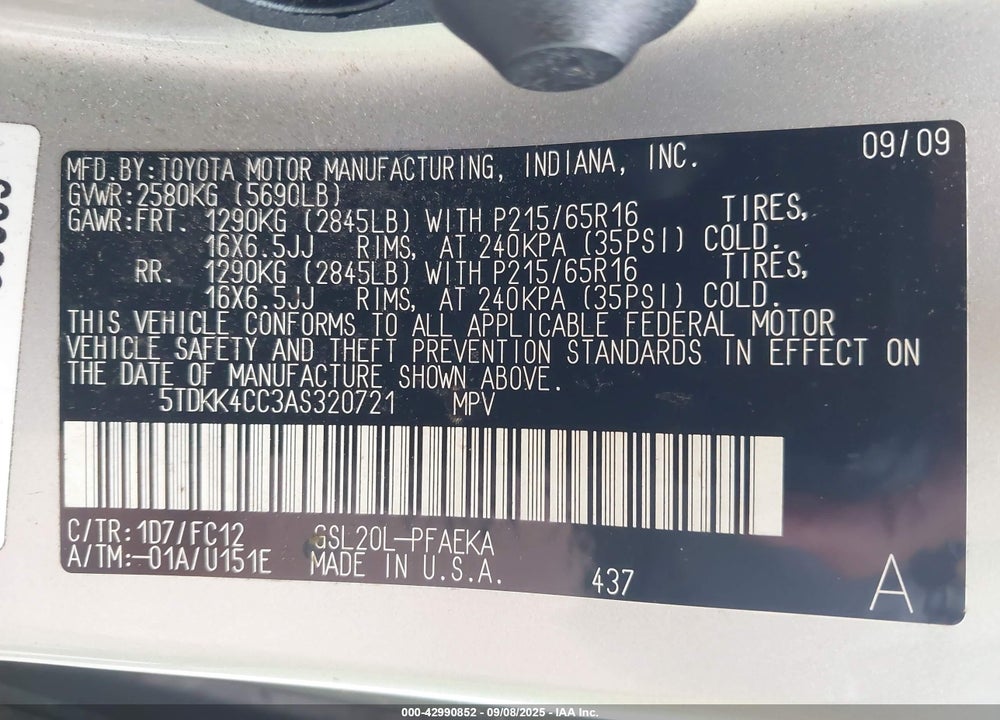 2010 TOYOTA SIENNA LE VIN: 5TDKK4CC3AS320721