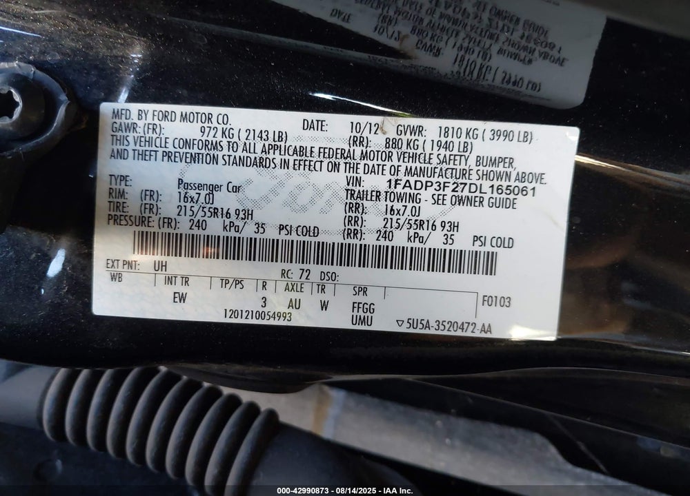 2013 FORD FOCUS VIN: 1FADP3F27DL165061