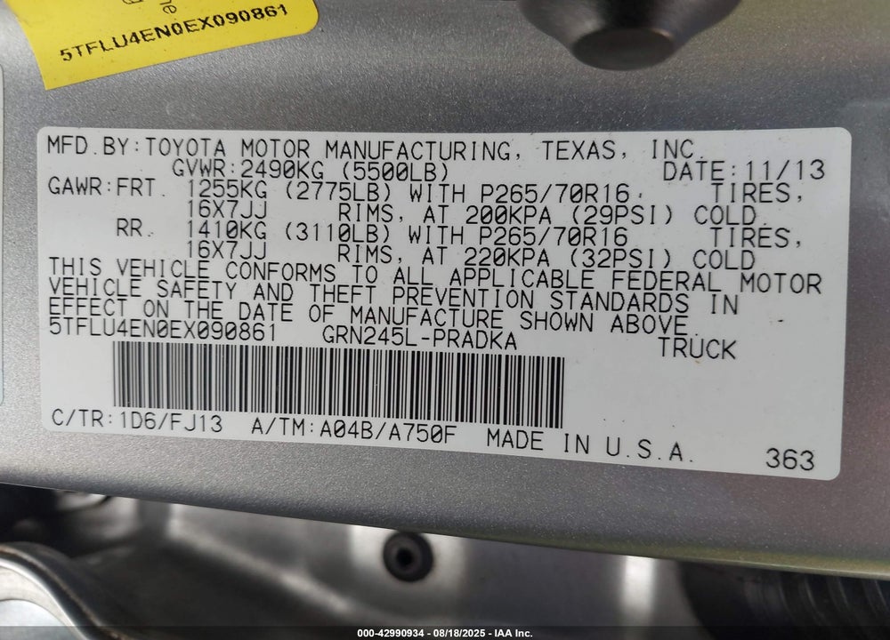 2014 TOYOTA TACOMA VIN: 5TFLU4EN0EX090861