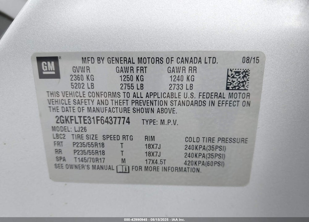 2015 GMC TERRAIN VIN: 2GKFLTE31F6437774