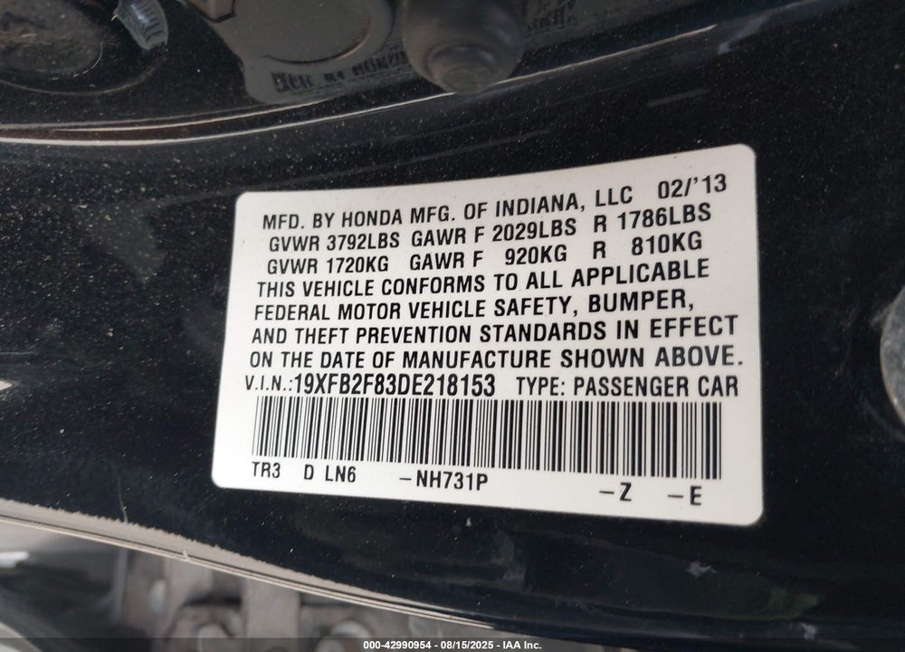 2013 HONDA CIVIC EX VIN: 19XFB2F83DE218153