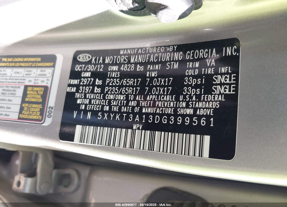 2013 KIA SORENTO LX VIN: 5XYKT3A13DG399561