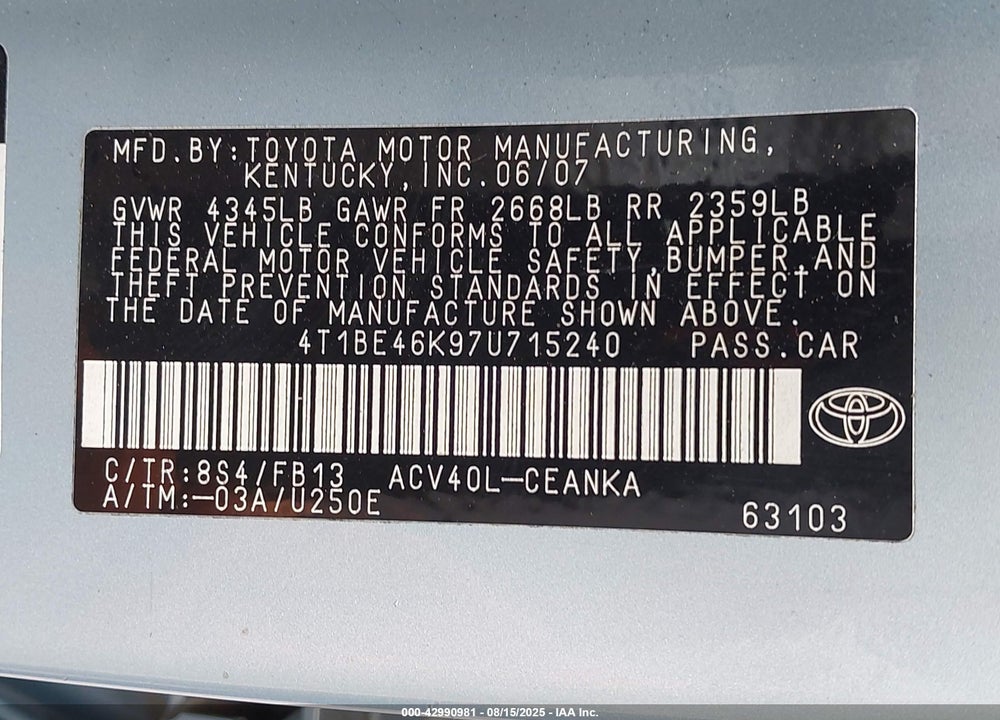 2007 TOYOTA CAMRY CE/LE/XLE/SE VIN: 4T1BE46K97U715240