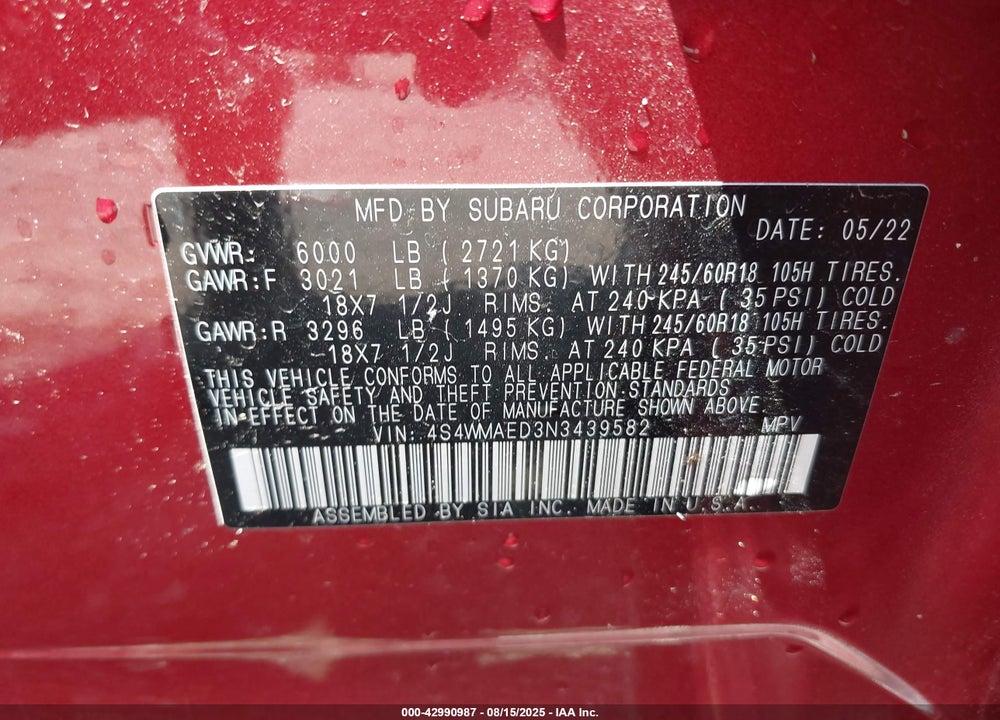 2022 SUBARU ASCENT PREMIUM VIN: 4S4WMAED3N3439582