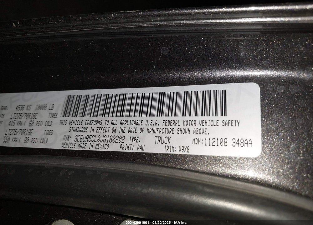 2018 RAM 2500 VIN: 3C6UR5CL0JG160202