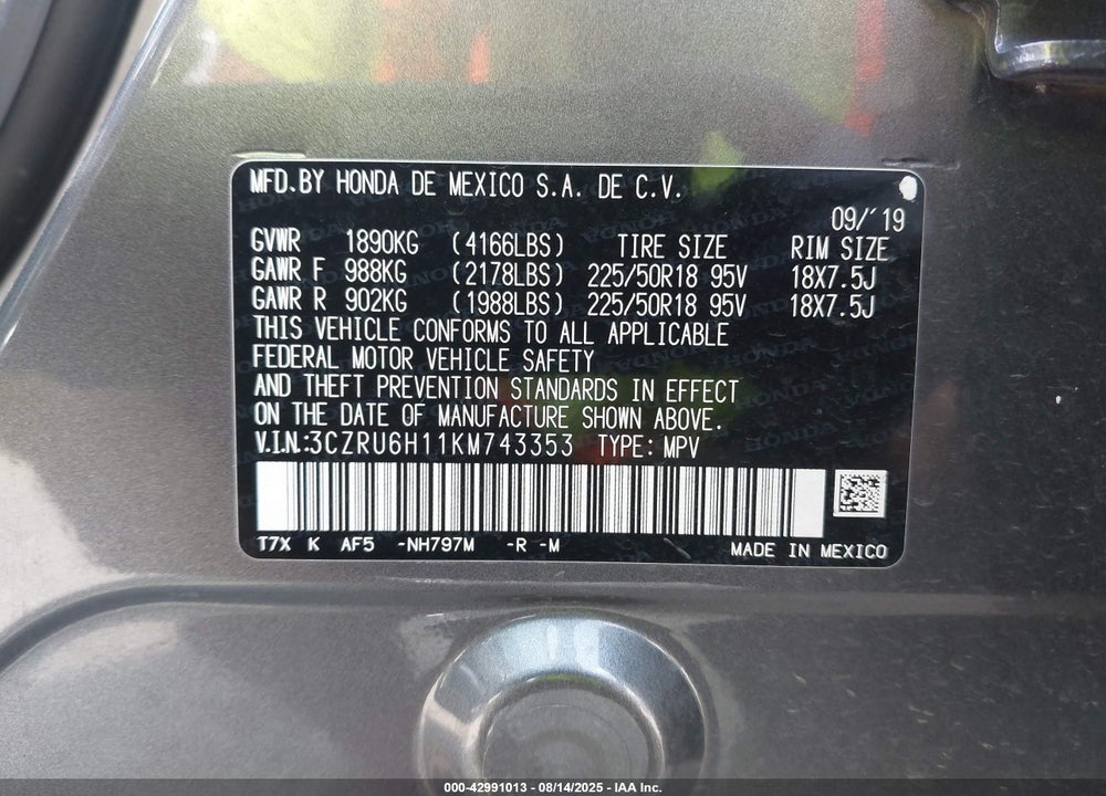 2019 HONDA HR-V SPORT VIN: 3CZRU6H11KM743353