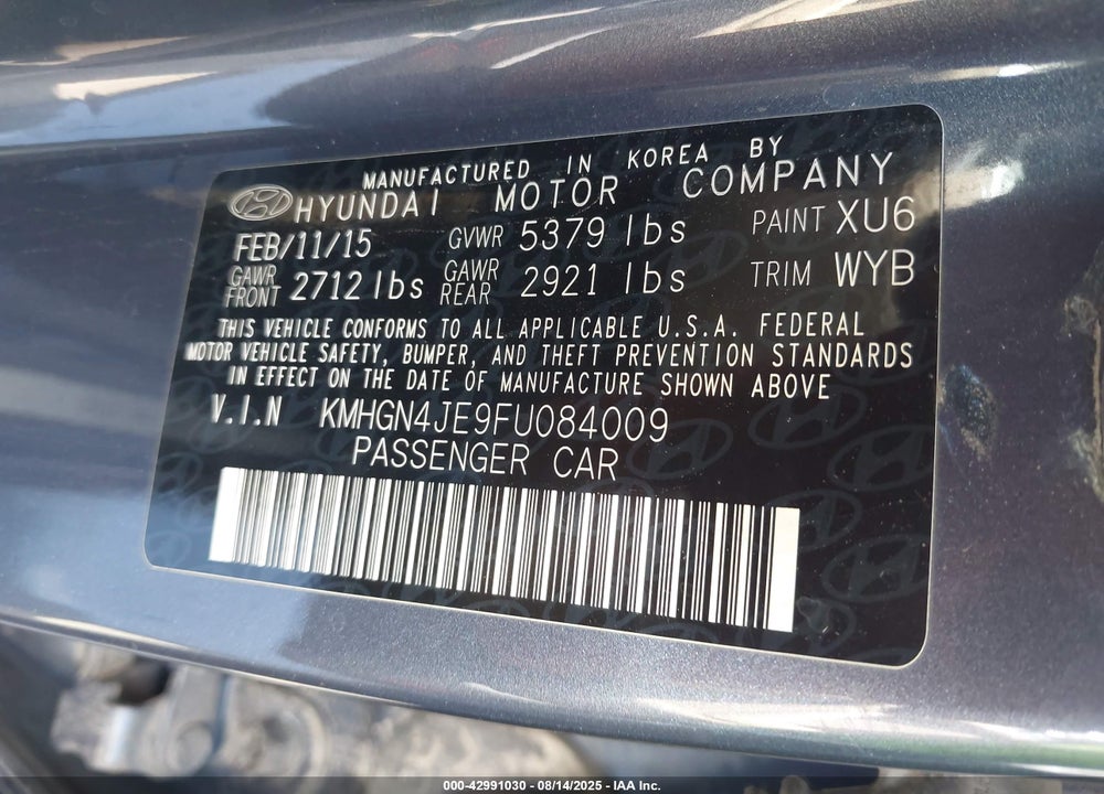 2015 HYUNDAI GENESIS VIN: KMHGN4JE9FU084009