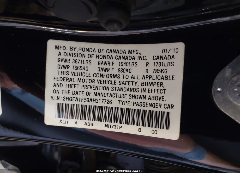 2010 HONDA CIVIC VIN: 2HGFA1F59AH317726