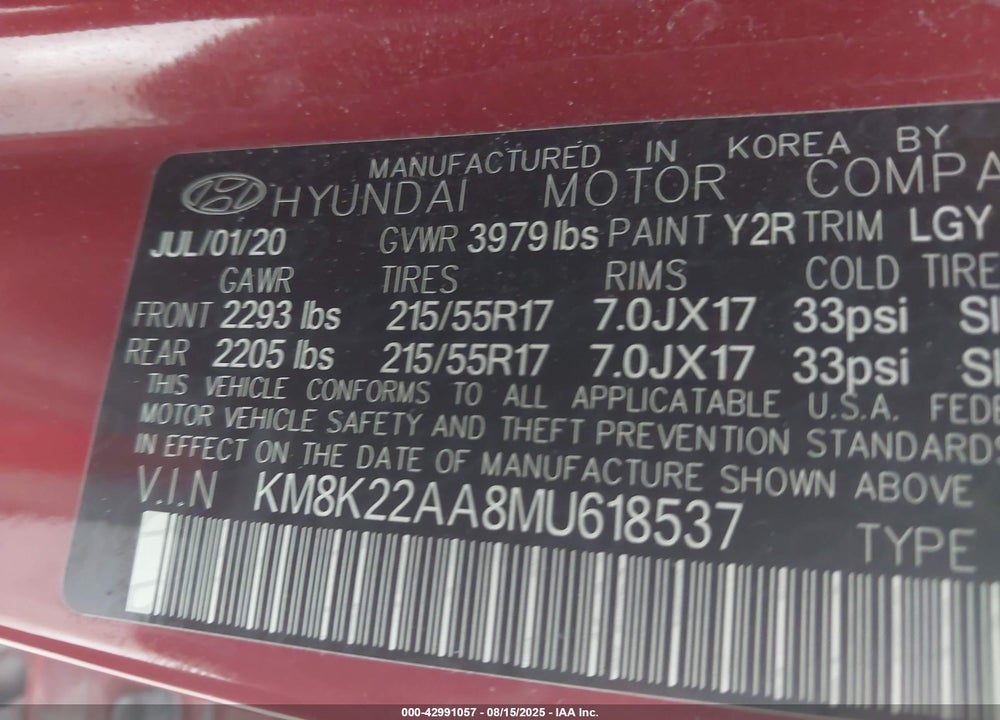 2021 HYUNDAI KONA VIN: KM8K22AA8MU618537