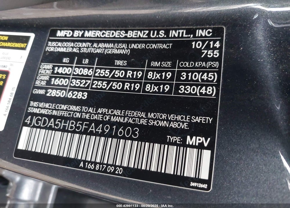 2015 MERCEDES-BENZ ML-CLASS VIN: 4JGDA5HB5FA491603
