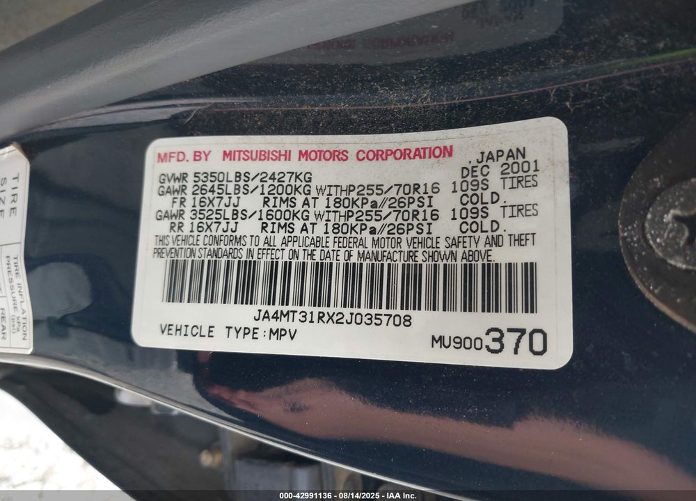 2002 MITSUBISHI MONTERO SPORT XLS VIN: JA4MT31RX2J035708
