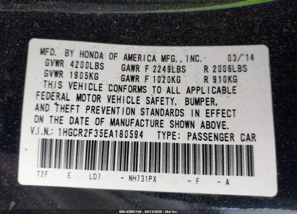 2014 HONDA ACCORD LX VIN: 1HGCR2F35EA180594