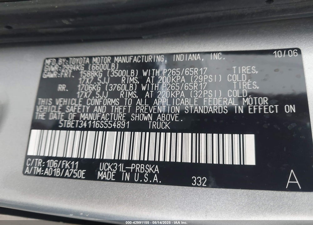 2006 TOYOTA TUNDRA SR5 V8 VIN: 5TBET34116S554891