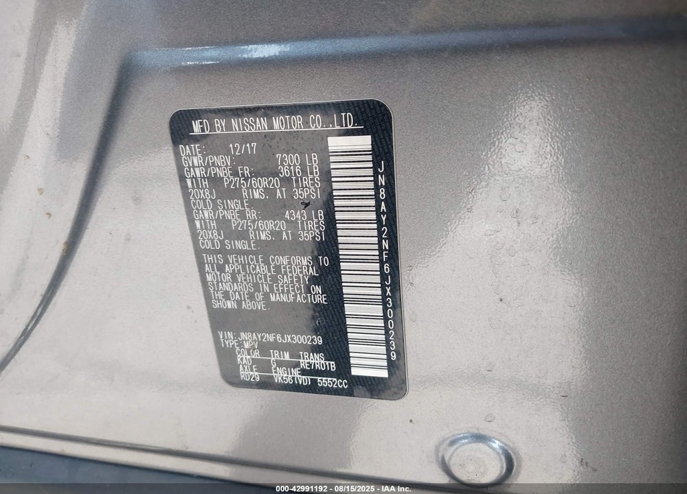 2018 NISSAN ARMADA VIN: JN8AY2NF6JX300239