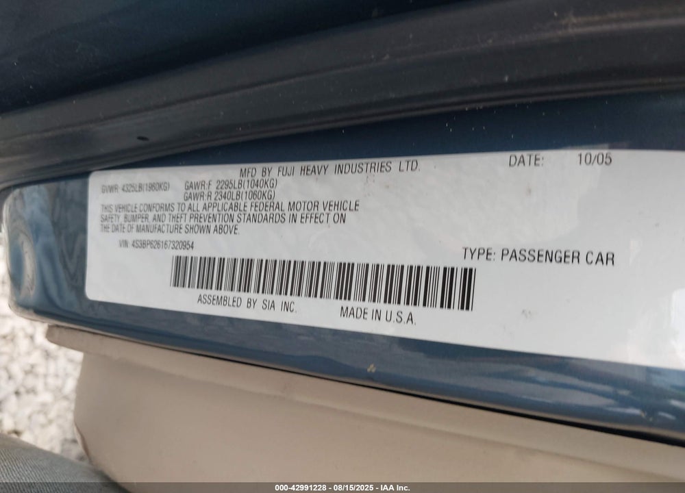 2005 SUBARU LEGACY 2.5GT LIMITED VIN: 4S3BL676554229979