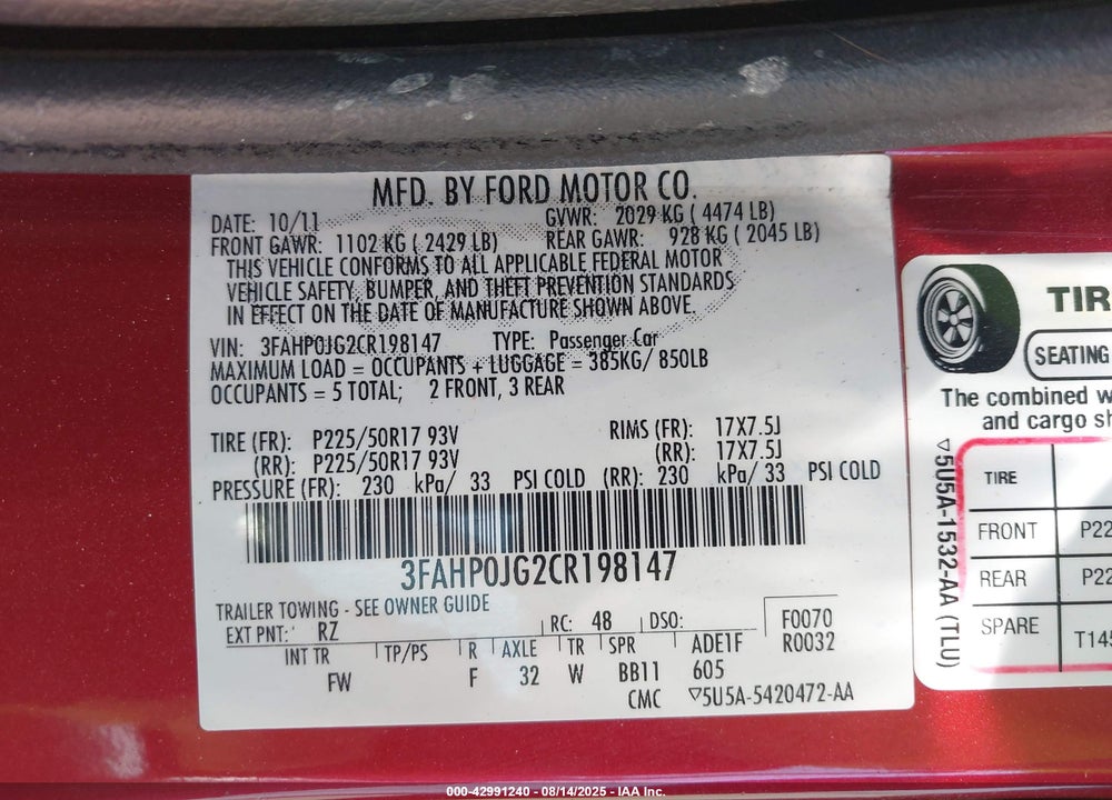2012 FORD FUSION VIN: 3FAHP0JG2CR198147