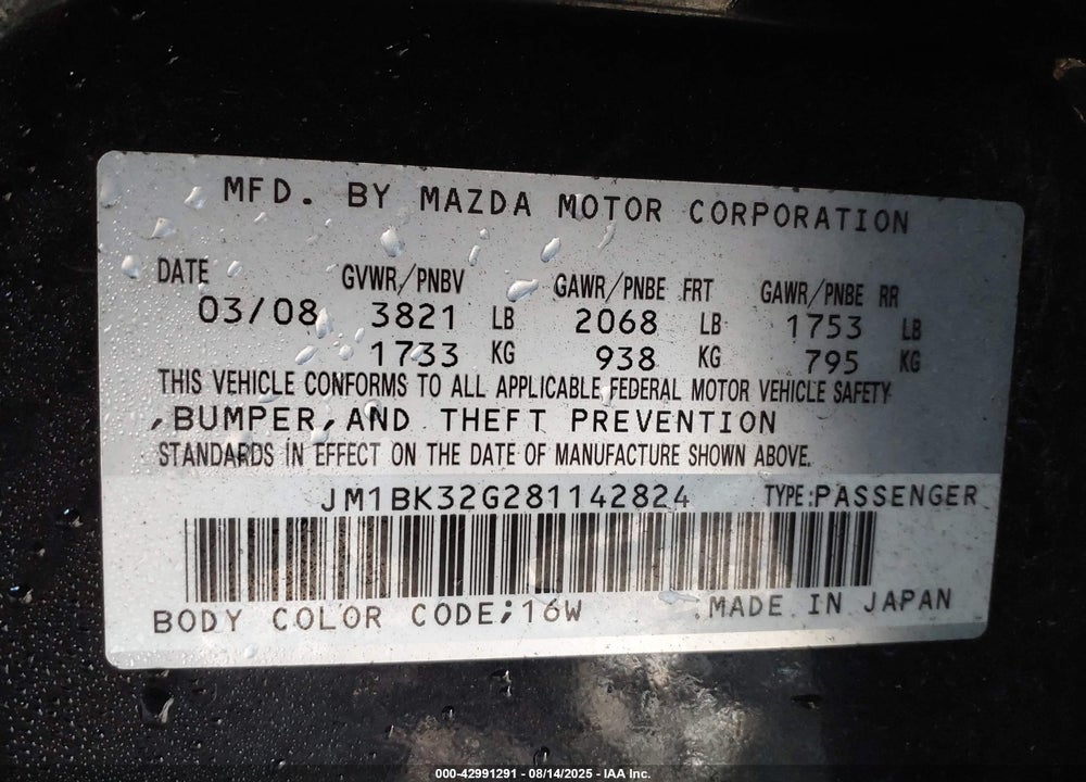 2008 MAZDA 3 VIN: JM1BK32G281142824