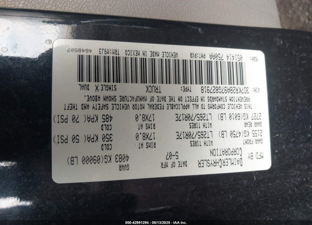 2007 DODGE RAM 2500 VIN: 3D7KR28A97G827918